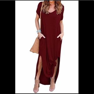 Short sleeve Red maxi dress w/ pockets and slit